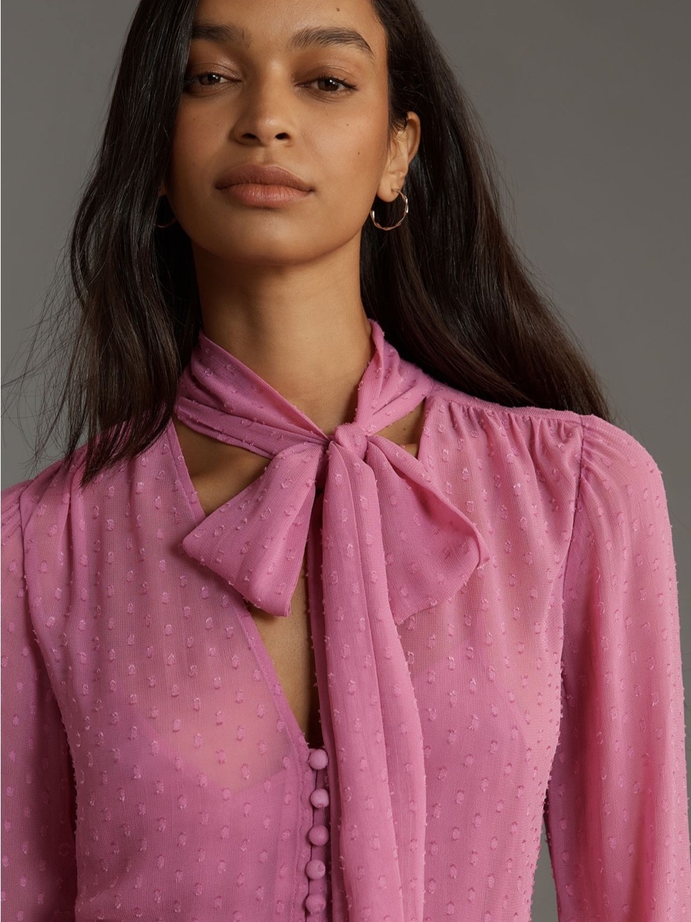 Anthropologie Pink Tie-Neck Swiss Dot Mini Dress - Picture 2 of 4